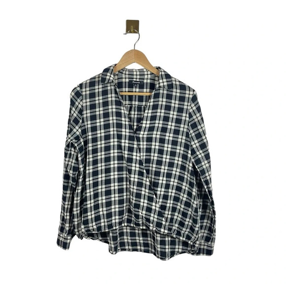Madewell Arion Plaid Wrap Front Long Sleeve Blouse in Black/White Size M - Picture 3 of 10
